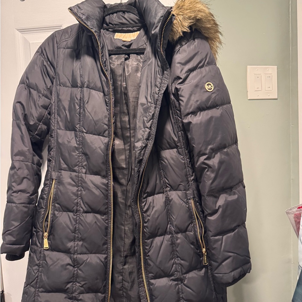 Michael Kors Black Puffer Jacket with Fur-Trimmed Hood